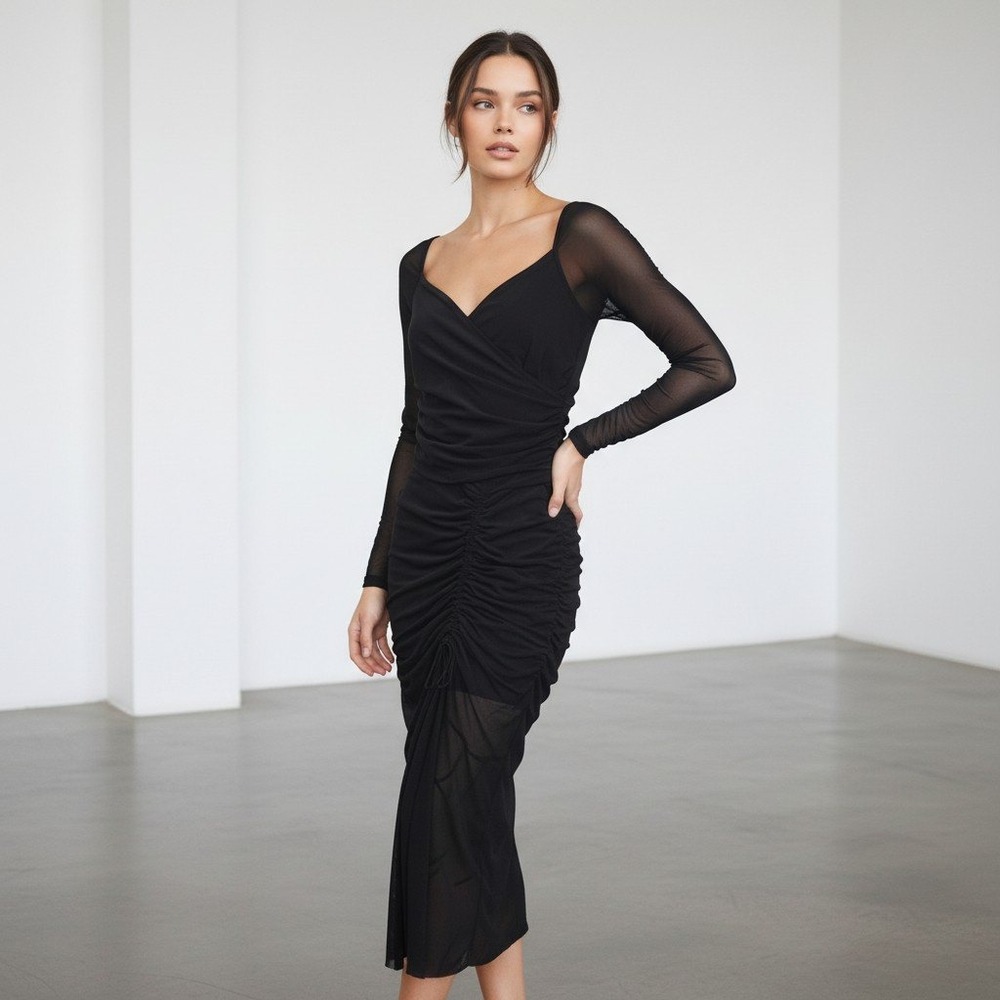 Cleobella Chantal Midi Dress Black Mesh Ruched Long Sleeve Size Small NEW